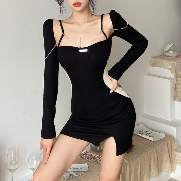 Solid Color Slim High Waist Fashion Square Neck Backless Long Sleeve Dress