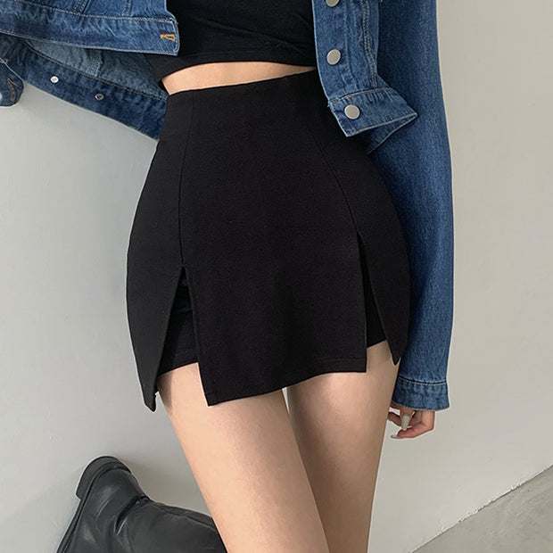 High waist bag hip split straight black casual shorts