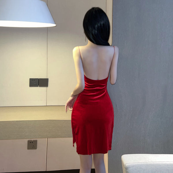 Sexy Backless Slit Suspender Dress
