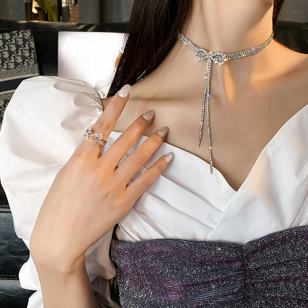 Bow Diamond Tassel Necklace Collarbone Chain