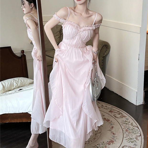 V-neck large swing high waist solid color dress