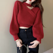 Halter v-neck solid color pullover cross fashion knit sweater