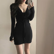 V-Neck Knitted Long-Sleeve Drawstring Bodycon Dress