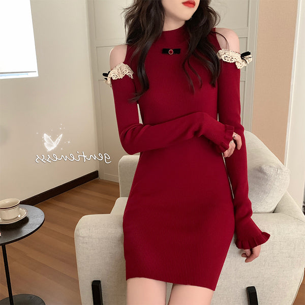 Sexy Red Off-The-Shoulder Knit Dress