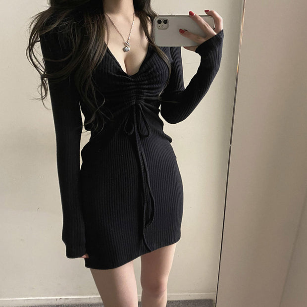 V-Neck Knitted Long-Sleeve Drawstring Bodycon Dress
