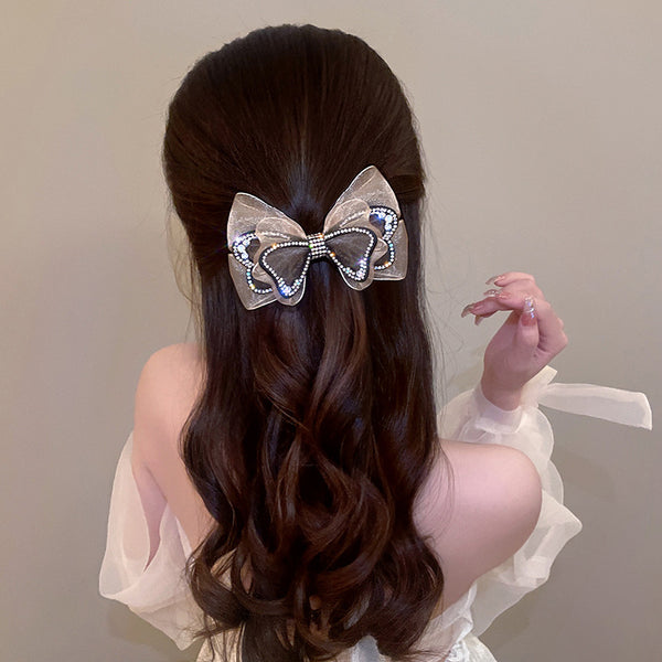 Mesh Diamond Bow Spring Clip Hair Clip