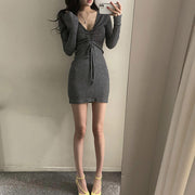 V-Neck Knitted Long-Sleeve Drawstring Bodycon Dress