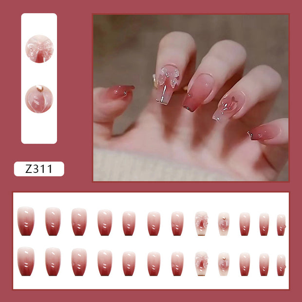 Love peach bow see light color change three-dimensional manicure