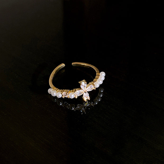 Simple Ring Zircon Pearl Flower Open Ring