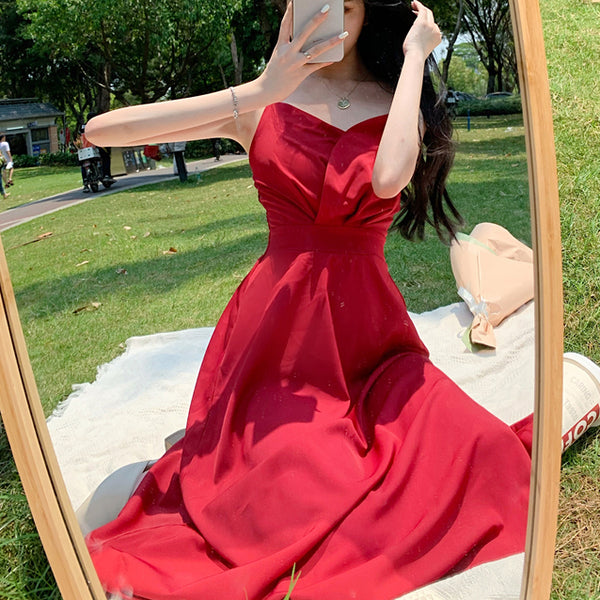 French Retro Satin V-Neck Red Sling Holiday Dress