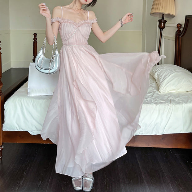 V-neck large swing high waist solid color dress