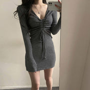 V-Neck Knitted Long-Sleeve Drawstring Bodycon Dress