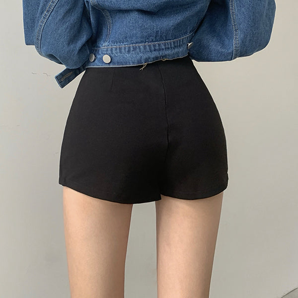 High Waist Bag Hip Split Straight Black Casual Shorts