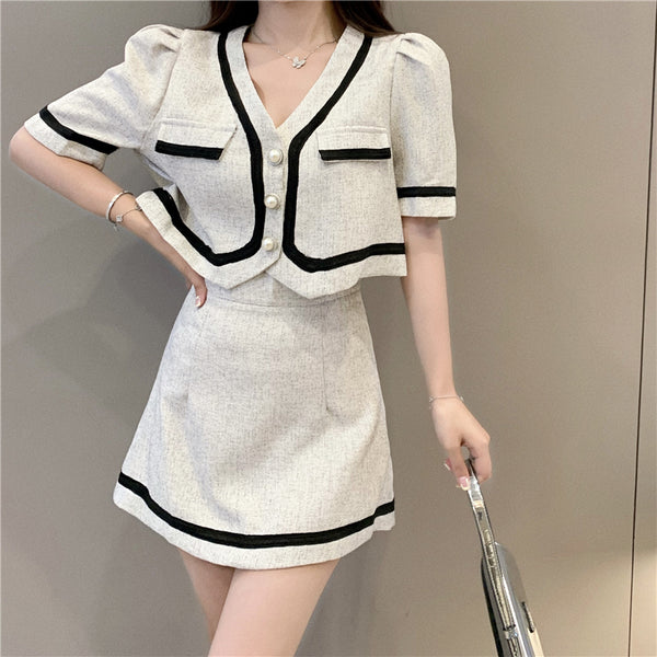 V-Neck Short-Sleeved High-Waisted A-Line Skirt Two-Piece Suit