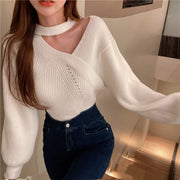 Halter V-Neck Solid Color Pullover Cross Fashion Knit Sweater