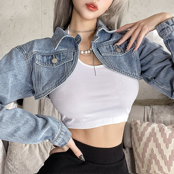 Street Fashion Sexy Solid Color Long Sleeve Short Denim Blouse