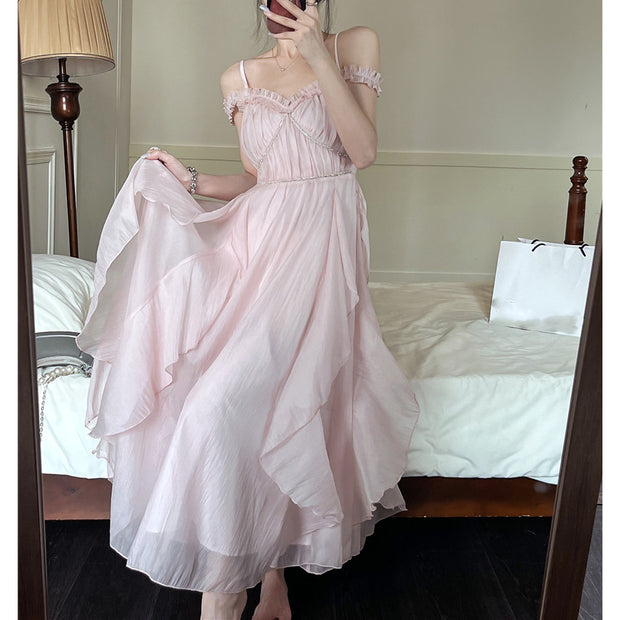 V-neck large swing high waist solid color dress