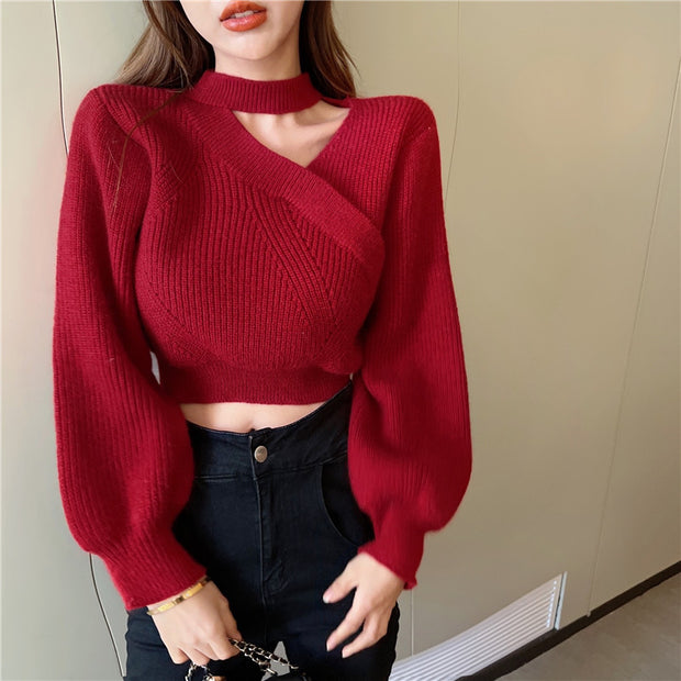 Halter v-neck solid color pullover cross fashion knit sweater