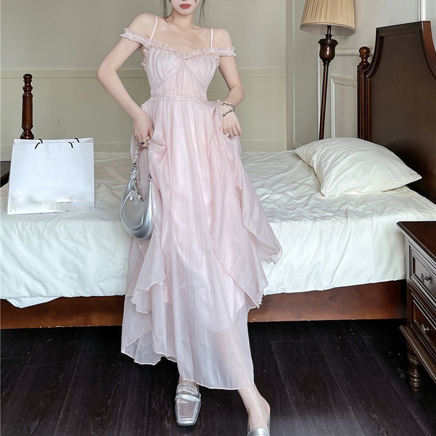 V-neck large swing high waist solid color dress