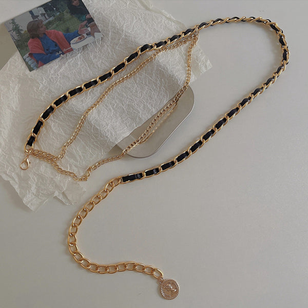French Metal Thin Chain Pu Braided Waist Chain Accessories
