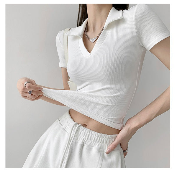 Women'S Retro Sexy V-Neck Slim Polo Shirt Knitted Top
