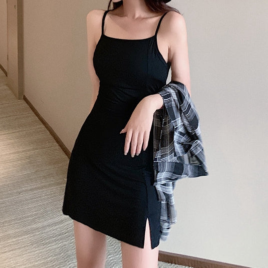 Black Slim Cami Dress Plaid Shirt Set