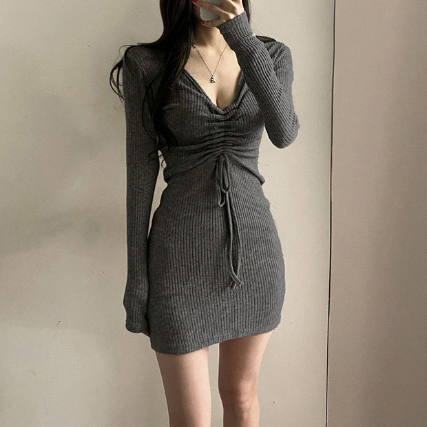 V-Neck Knitted Long-Sleeve Drawstring Bodycon Dress