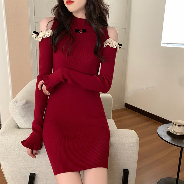 Sexy Red Off-The-Shoulder Knit Dress