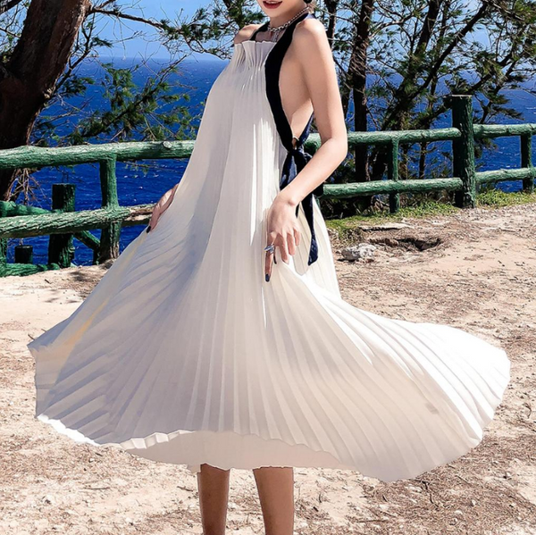 White Open Back Pleated Slip Dress