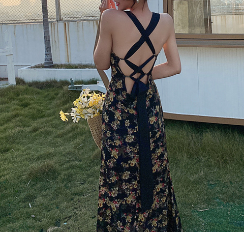Retro Black Floral Sling Sexy Backless Dress