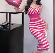 Sweet and sexy slim fit striped knit suspender suit