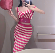 Sweet and sexy slim fit striped knit suspender suit