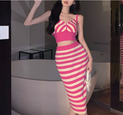 Sweet and sexy slim fit striped knit suspender suit