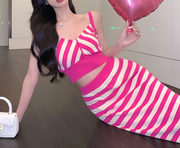 Sweet and sexy slim fit striped knit suspender suit