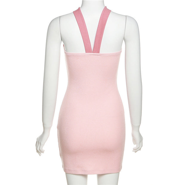 Solid color slim high waist open back sexy open back dress