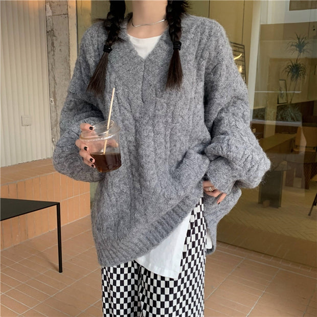V-neck thickened fried dough twist sweater sweater upper garment